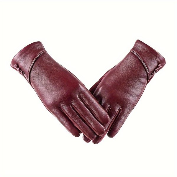 Women'S Elegant Full Finger Genuine Leather Gloves, Solid Color, Stripe Craftsmanship, Elasticity, Plush Lining, Windproof, Warm for Autumn and Winter, Casual Weekend Style
