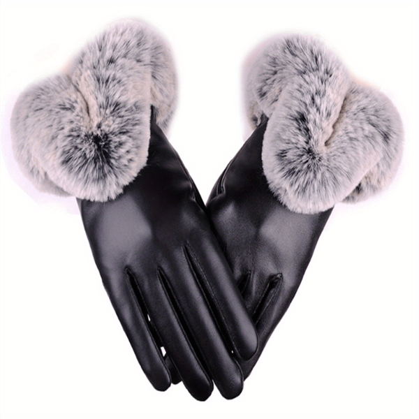 A Pair of Autumnu002Fwinter Women's Short Plush-lined Cold-proof and Warm Faux Touchscreen PU Gloves
