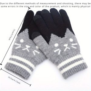1 Pair of Spring Warm Women'S Touch Screen Gloves, with Cat Jacquard Design, Flexible Fingers, Fashionable Cold-Proof Gloves