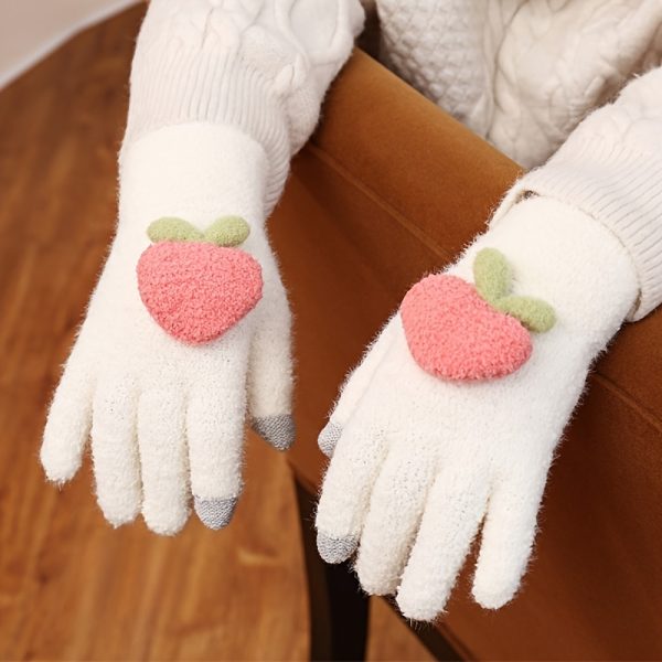 1pc of Cute Autumn-winter Peach-colored Thick and Warm Outdoor Gloves for Ladies, Fashionable and Versatile Plain-colored Gloves