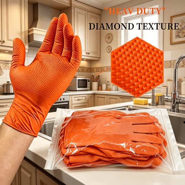 8g Disposable Orange Diamond-pattern Nitrile Gloves, 8 Mil Thick, Raised Diamond Texture, Powder-free and -free, Suitable for Automotive, Outdoor, Kitchen, and Household Cleaning Use