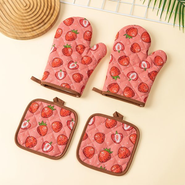 Strawberry Pattern Daily Home Kitchen Oven Gloves Heat Insulation Pad Thickened Baking Anti-Burn Gloves Heat Insulation Pad BBQ Cooking Set 2PCS4pcs