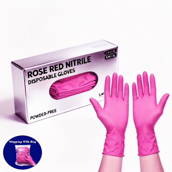 Rose Red High Elasticity Nitrile Gloves, Disposable Nitrile Gloves - Dishwashing - Kitchen - Bathroom, Suitable for All Seasons, Perfect for Giving to Family.  Bag  Glove+cleaning Sponge Combination Set