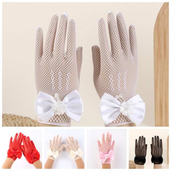 1pc Lace Gloves for Wedding Dress, Women's Christmas Performance, Dancing, Hosting, Mesh Stretch with Bow